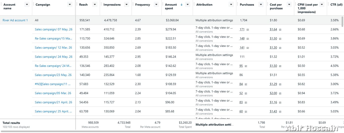 Meta Ads campaign results — client data anonymized