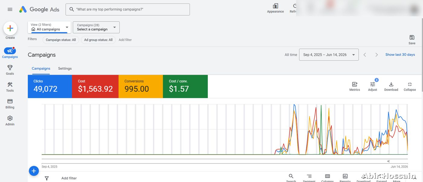 Google Ads campaign results — client data anonymized